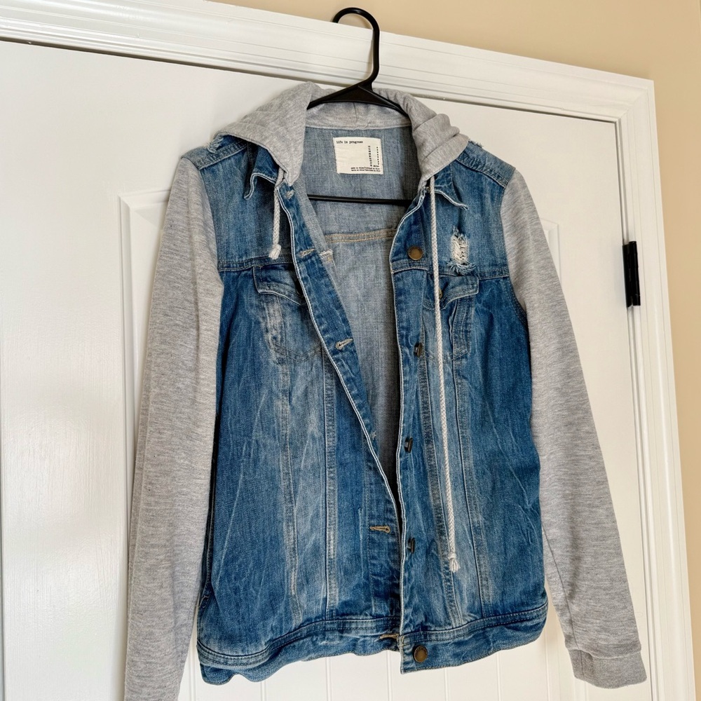 Life in Progress Blue Jean Jacket with Gray Sleeves